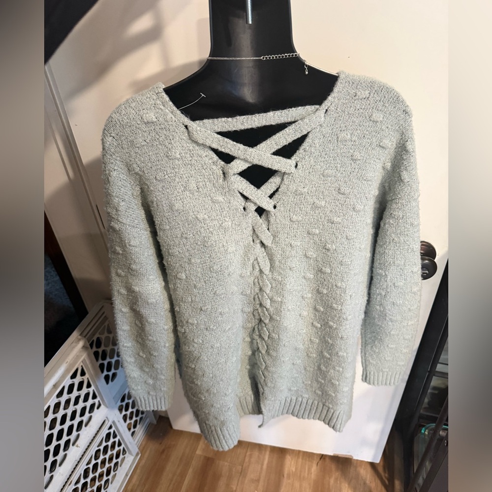 4/$16 Love by Design Light Robins Egg Blue-ish Lace-Up Back Lady’s Sweater
